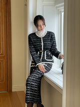 [Two-piece set] Rosy color matching knit cardigan banding skirt set