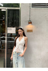 Twisted halter lace V-neck sleeveless top