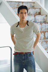 ストライプヘンリーネックハーフTシャツ(Ivory)