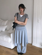 26SS★ [MADE/Skirt+Pants SET] フォリン ブーツカットパンツ アンバランス シャーリング フレア レイヤードスカート