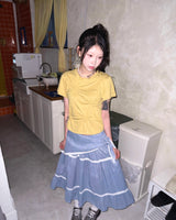 (2color) Scarf Slub Stripe Lace Tiered Skirt