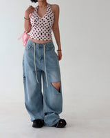 Light blue string strap cutting wide pants