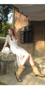 French flower shirring wrap dress