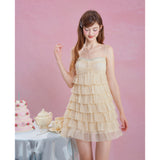 [GirlyFancyClub] Fresh Yellow Camisole Dress Sleeveless Multi-layer Ruffle Layered Dress