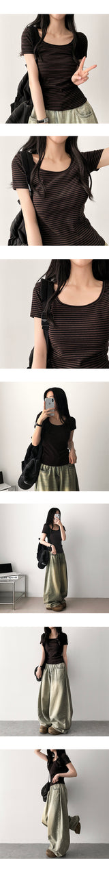 スパンデックスストライプダンガラTシャツ