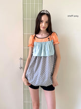 UnsocialNight 夏季新作 オリジナルデザイン ドット柄切替 ふんわりバルーン袖 ガーリー花蕾シルエット ワンピース レディース