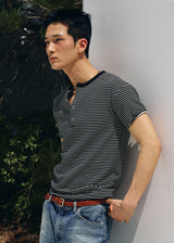 ストライプスリムヘンリーネックハーフTシャツ(Black)