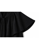 Leonie V-Neck Cape Tie Button Blouse Black