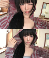 ヒールストライプドディープVネックフードTシャツ