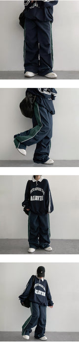 ラシュサイドカラーバンディングワイドパンツ (3 colors) ヘムストリング!