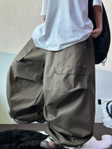フロントツーリベットポケットバルーンパラシュートコットンビッグパンツ💚🩶🖤🤎 - 4 カラーズ