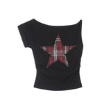 チェックスターオフショルダーTシャツ 231137997