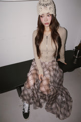 Long Check Chiffon Sharalla Skirt