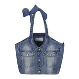 13DE MARZO Bear Denim Jacket Tote Bag Blue
