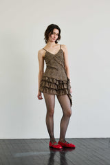 LEOPARD FRILL SLEEVELESS TOP / BROWN