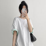 ルーズフィット💛 ボタンロールアップ カラーブロック ショートスリーブTシャツ (6 colors)