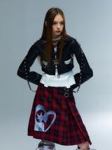 Emoha Hand-painted catcatcat punk short leather jacket