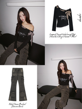Leopard Scarf Unbalanced Off-Shoulder Long-Sleeved T-Shirt