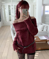 [Wool 25%] カエダメージオフショルダーニット