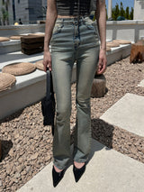 High waist light & deep blue washed bootcut long denim pants (2 colors)