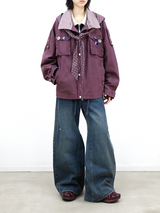RELABEL (Huanjin) Violet and White Smoke-Washed Vintage-Style Checked Hooded Modified M65 Work Jacket