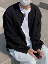 Hidden button linen wide set up-shirts 2C
