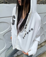 Kuhi Printing Strap Two-Way Zipper Loose Fit Hoodie Zip-Up