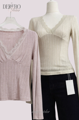 デイジーVネックレース長袖Tシャツ