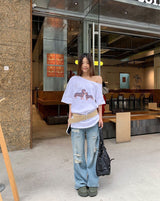 UI ドッグオフショルダーオーバーサイズフィットスリーブTシャツ