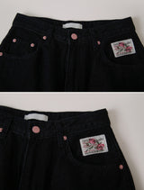 Rose Pink Lettering Embroidery Balloon Denim Pants