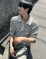lewen stripe collar short-sleeved knit