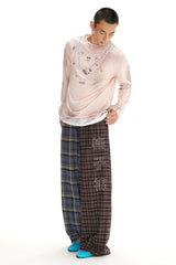 Retro elastic waistband comfortable casual and laid-back color-blocked straight-leg checkered pants