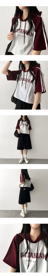 Showy Color Raglan Short Sleeve Hoodie