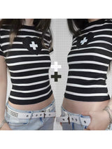 Y2K Heart Cross Striped Tee - Slim Fit Cute Top