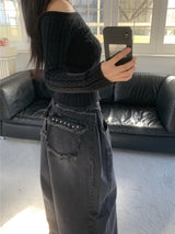 Rough Muse Tassel Ball Stud Wide Long Denim Pants