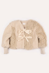Ribbon tie up soft crop fur jacket