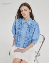 Ravina frill detail puff sleeve blouse blue