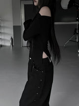 シャーリングオフショルダースリット T (3color)