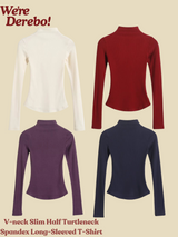 V-neck Slim Half Turtleneck Spandex Long-Sleeved T-Shirt