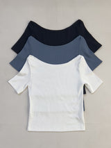 Boatneck Ribbed Elbow Length T-Shirt