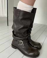 [ORIGINAL] Slub Wrinkled Midi Leather Boots