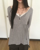 Hoshi-ve button Shirring Layered Long Sleeve T-shirt