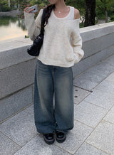 Thyssen ウォッシングデニムワイドパンツ