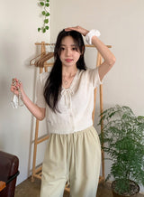 Pastel Pogeun Ribbon Short-Sleeved Knit Cardigan (3color)