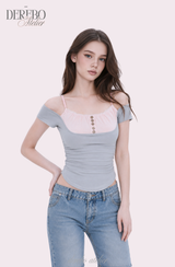クレア ピンク レイヤード ショートスリーブTシャツ