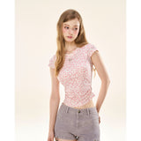 [GirlyFancyClub] Pink leopard print pleated slim fit short sleeve sweet and spicy t-shirt