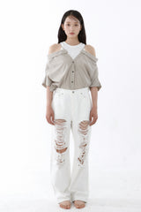 LOOSE OFF-SHOULDER SHIRT_BEIGE