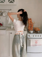 SL Emboss Back Slit Strap Crop Short Sleeve T-shirt (3color)