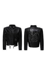 Pin Detail Geisha Print Leather Jacket
