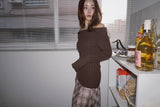 Deep Brown V-neck Off-Shoulder Long-Sleeved Top